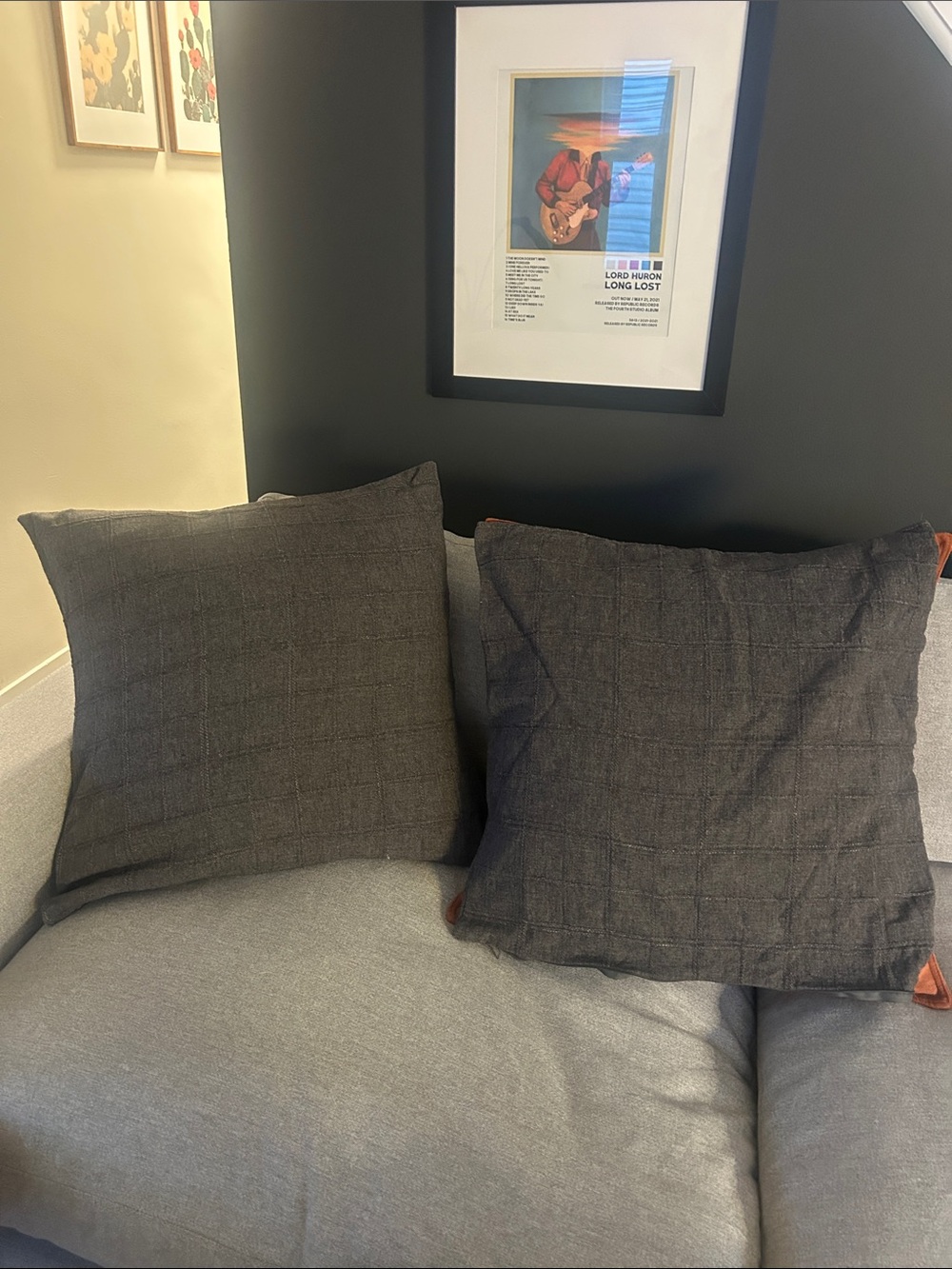 Set of 2 Decorative Linen Charcoal Check Throw Pillow Covers
